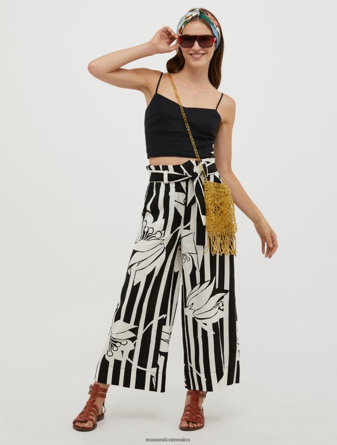 MAX&Co. mujer pantalones anchos de lino Z860B274 vestir patrón negro